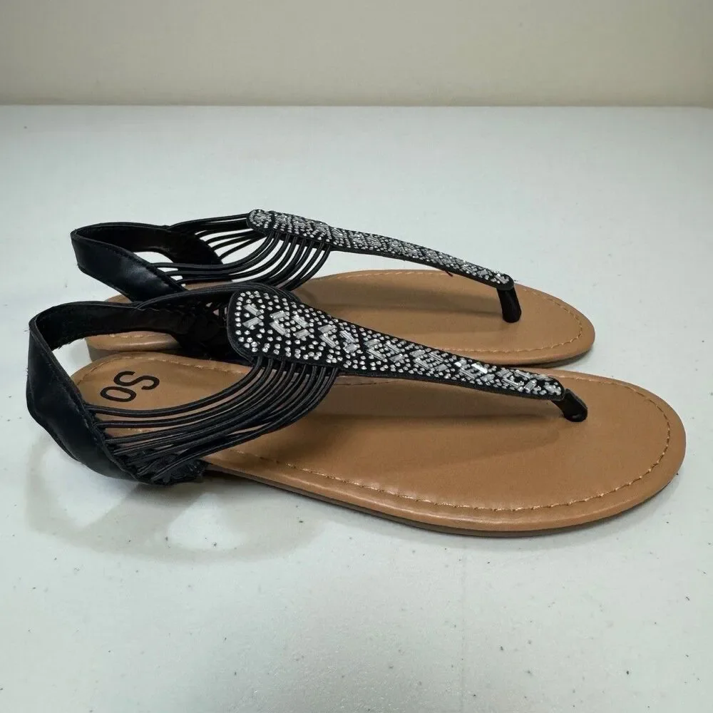 Embellished Black Sandals Women Medium 7.5 - 8.5 Thong Shoes Gladiator Flip Flop